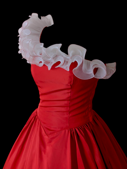 1960s-1970s Vintage Red Dress with White Ruffle Trim Details, One Sleeve, and Full Skirt Holiday Christmas Ball Gown