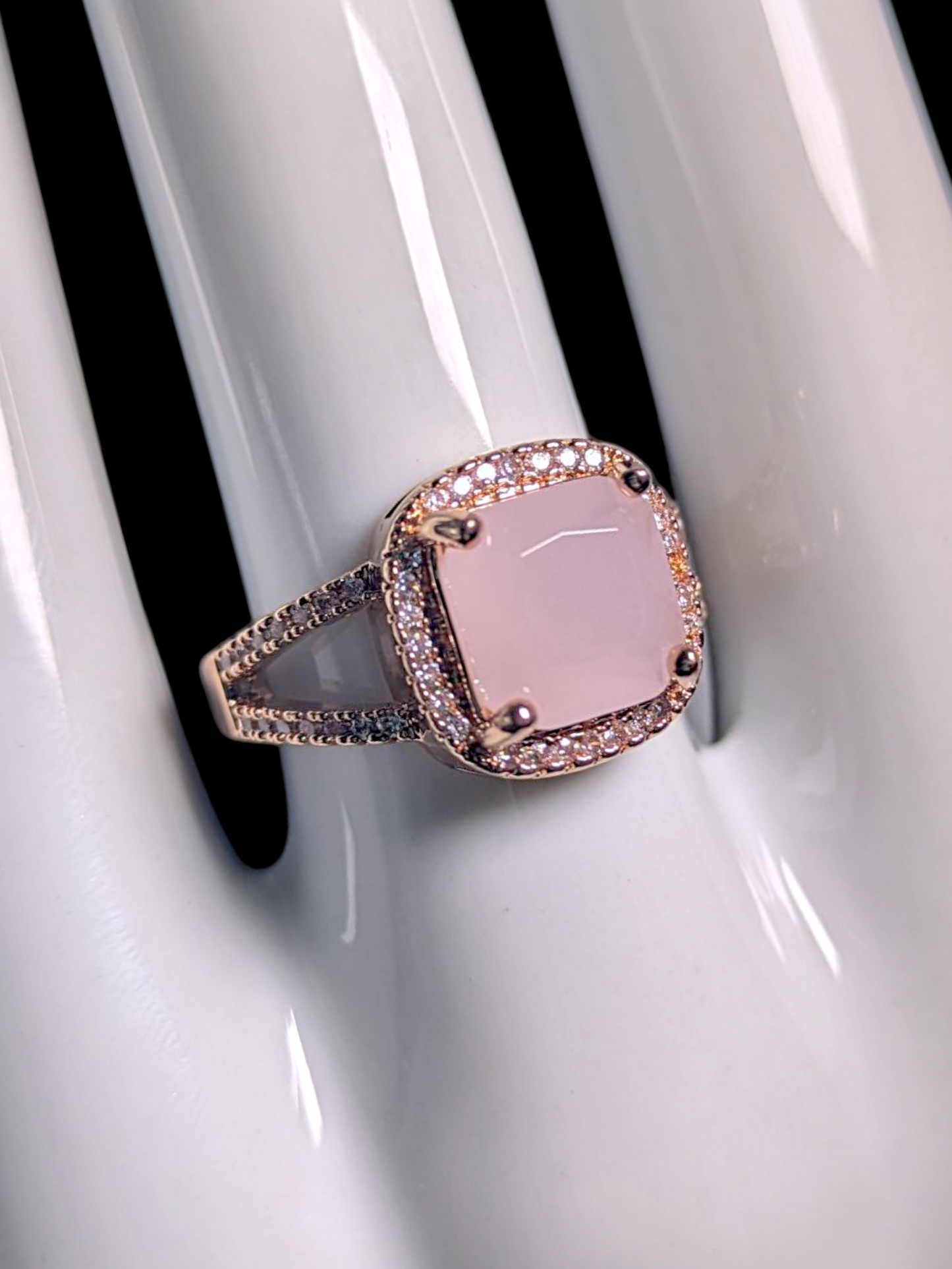 Vintage Inspired Cushion Cut Simulated Rose Quartz Solitaire with Simulated Diamond Halo Rose Gold Toned Ring