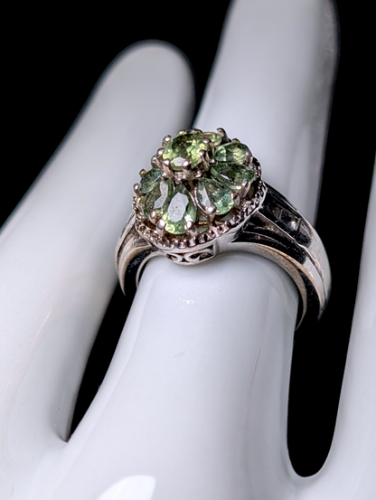Vintage Cluster Genuine Green Apatite with White Zircon Accent Stones Sterling Silver Ring