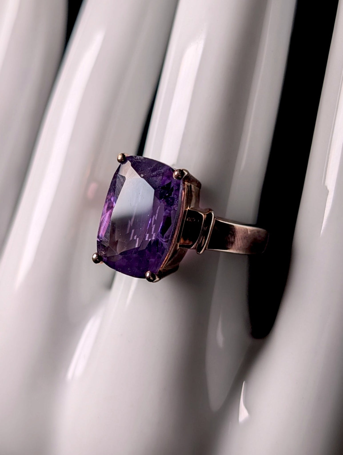Vintage 8 Carat Radiant Cut Genuine Purple Amethyst Rose Gold over Sterling Ring