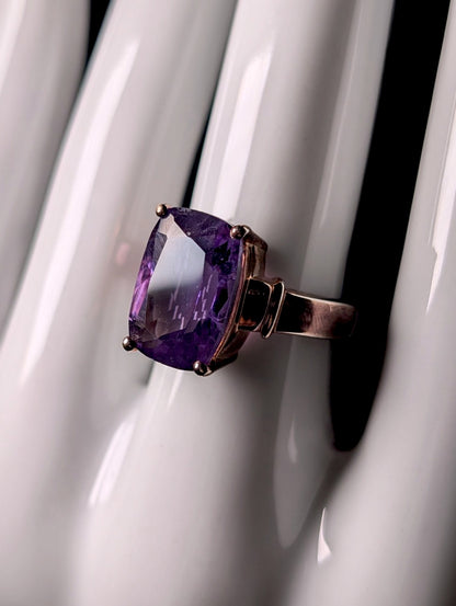 Vintage 8 Carat Radiant Cut Genuine Purple Amethyst Rose Gold over Sterling Ring
