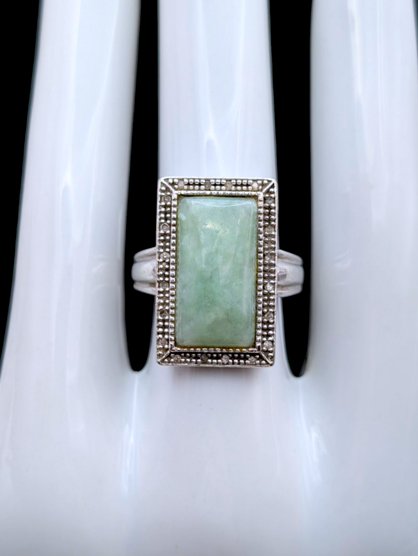 Vintage Earth Mined Rectangular Cut Genuine Jadeite and Diamond Accented Halo Sterling Silver Ring