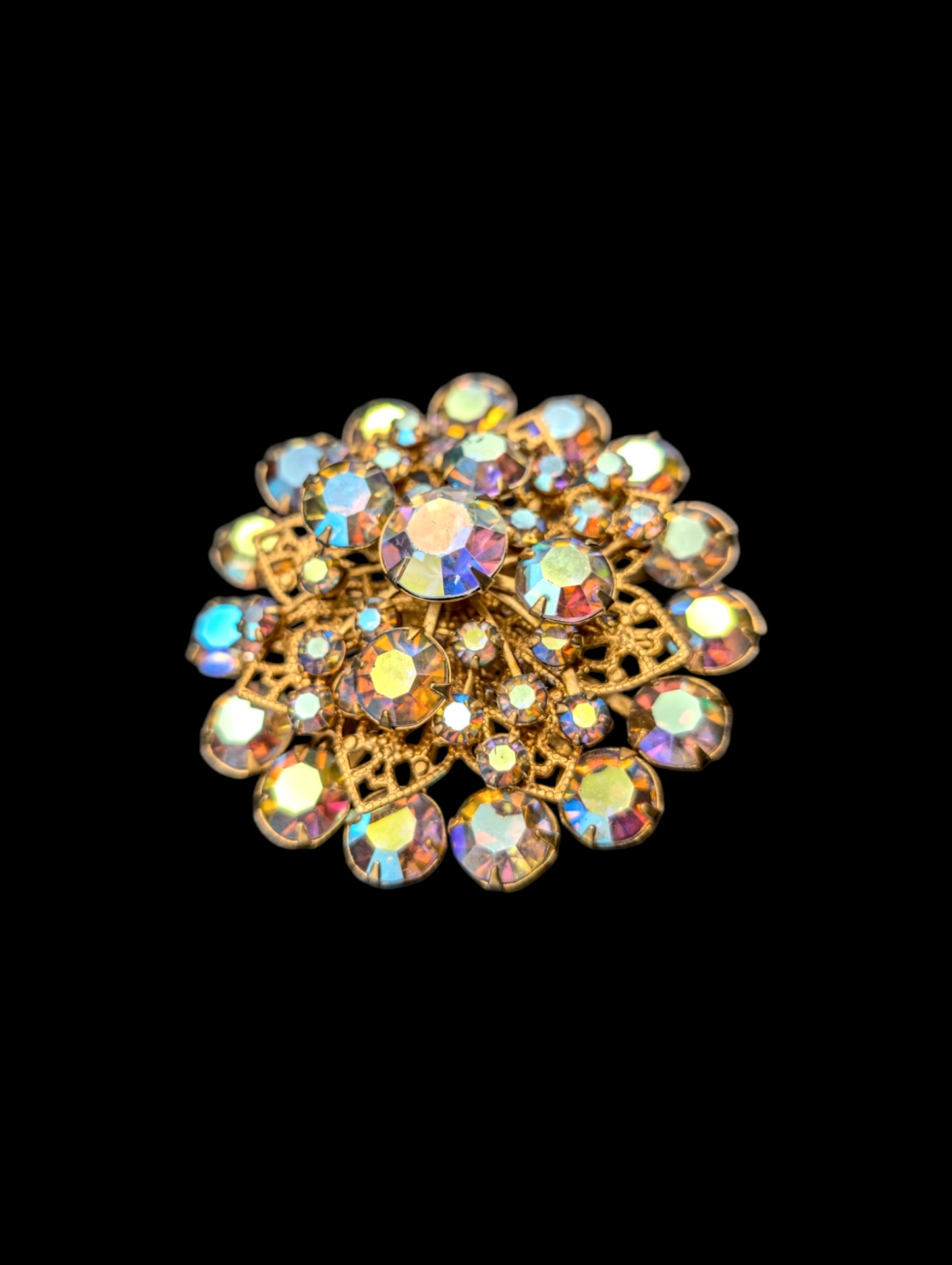 1940s - 1950s Aurora Borealis Jonquils Rhinestone Starburst Brooch Pin with Gold Star Filigree Details