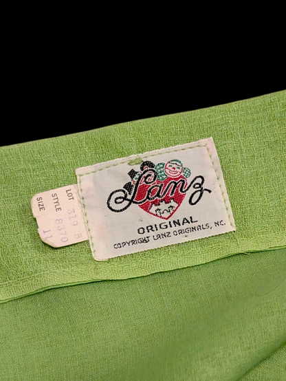 Vintage 1960s Lanz Mod Lime Green Mini Sleeveless Wiggle Dress with Wide Blue Floral Embroidered Belt