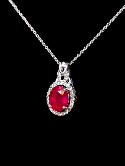 Vintage Earth Mined Genuine Ruby and White Zircon Halo Pendant and Sterling Silver Chain Necklace