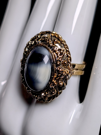 Vintage Large Gray Solitaire Simulated Gemstone Antique Gold Toned Adjustable Costume Statement Ring