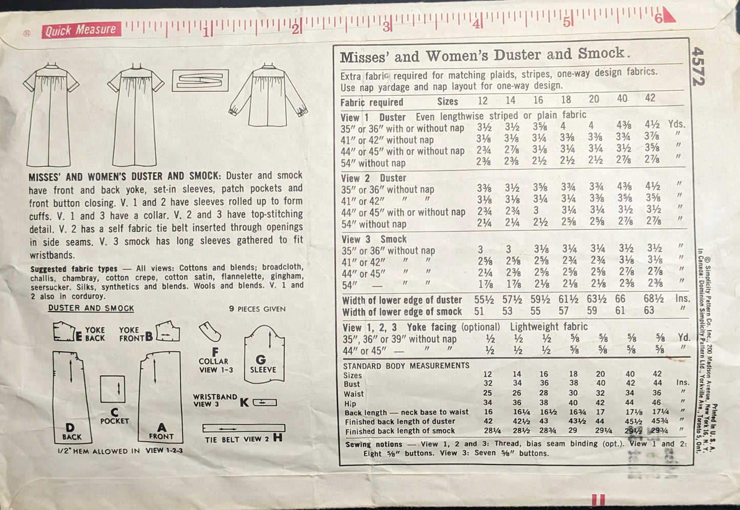 1960s - 1970s Original Vintage Sewing Pattern: Simplicity 4572 Size 12