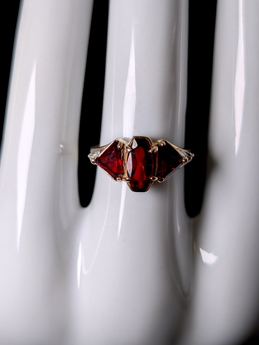 Vintage Designer Trillion Cut Genuine Garnet Three Stone and Diamond Accented 14k Solid Yellow Gold Ring