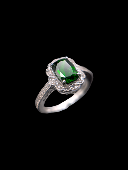 Edwardian Inspired Radiant Cut Green Chrome Diopside and White Topaz Halo Sterling Silver Ring