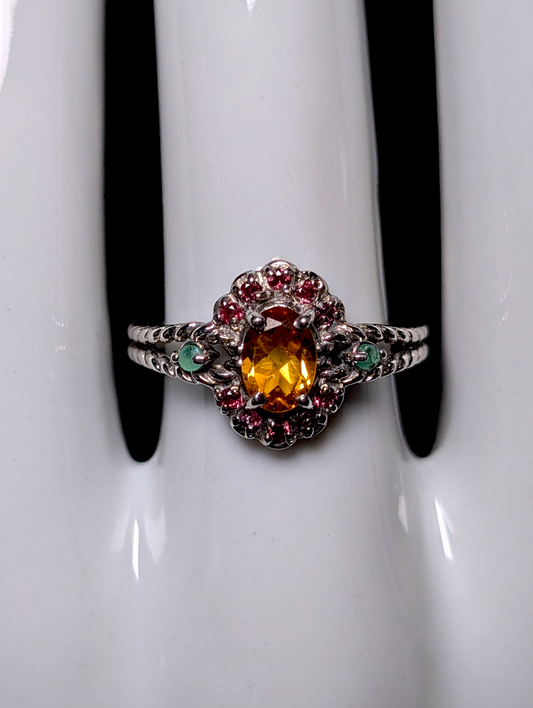 Vintage Oval Cut Genuine Citrine Solitaire with Pink Tourmaline Halo and Emerald Accents Sterling Silver Ring