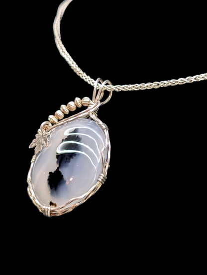 Vintage Genuine Montana Moss Agate Sterling Silver Wire Wrapped Pendant with Leaf and Beads