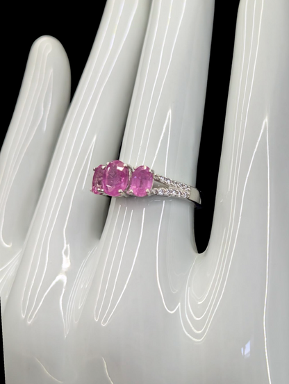 Vintage Three Stone Genuine Ruby and White Topaz Split Shank Sterling Silver Ring