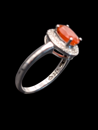 Vintage Solitaire Oval Rich Genuine Carnelian and Genuine Diamond Halo Sterling Silver Ring