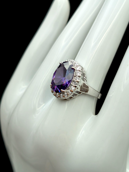 Vintage Large Oval Cut Simulated Grape Amethyst and Simulated Diamond Halo Silver Toned Vacation Cocktail Statement Ring