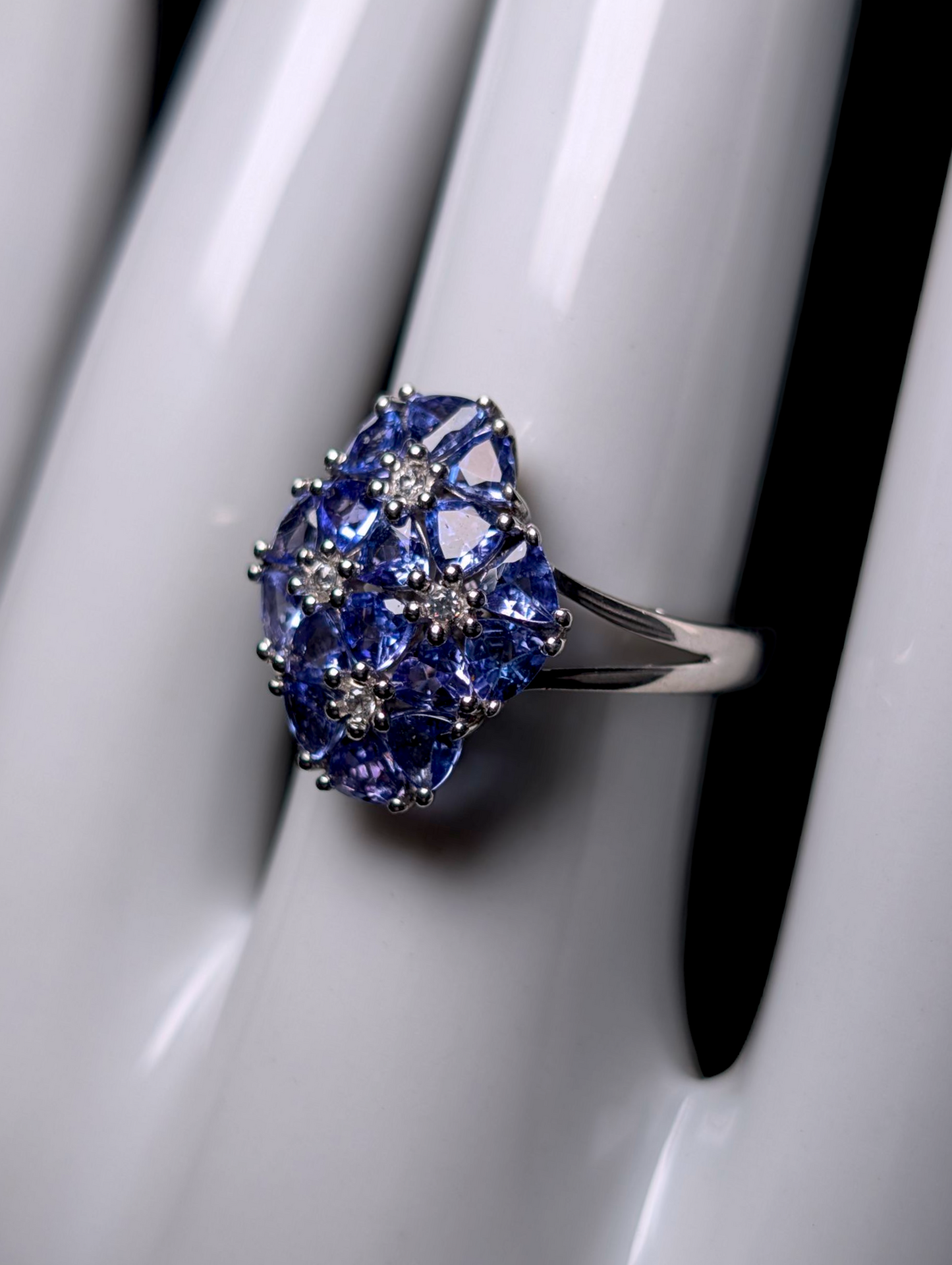 Vintage Flower Cluster Genuine Tanzanite and White Zircon Sterling Silver Ring