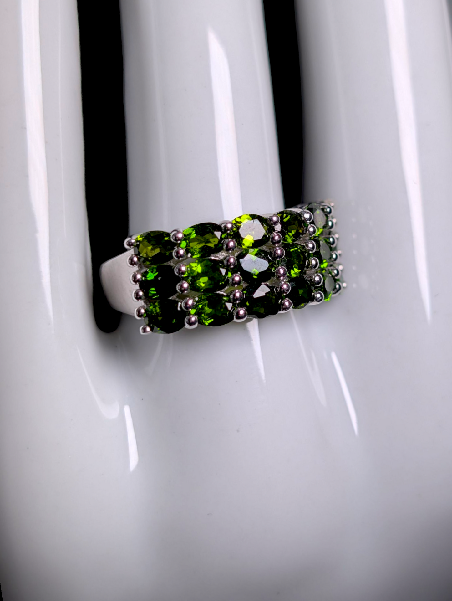 Vintage Three Row Earth Mined Genuine Green Chrome Diopside Sterling Silver Statement Ring