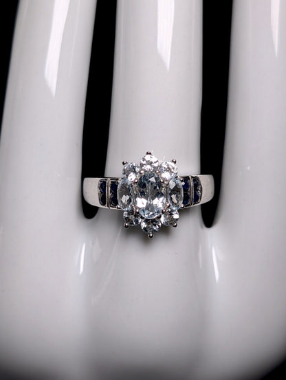 Vintage Starburst Genuine Aquamarine with Royal Blue Topaz Accents Sterling Silver Ring
