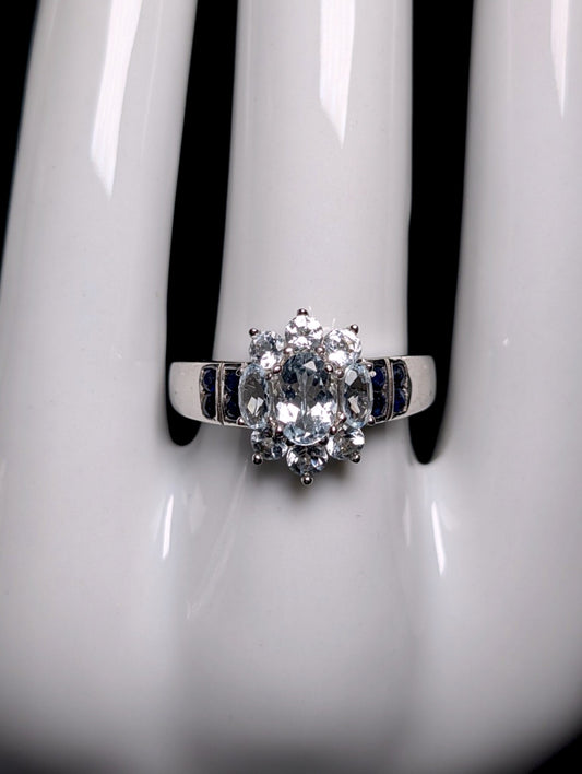 Vintage Starburst Genuine Aquamarine with Royal Blue Topaz Accents Sterling Silver Ring