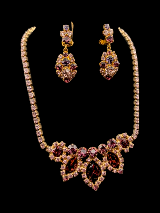 1950s Rare Austrian Purple and Pink Crystal Rhinestone Necklace and Earrings Set