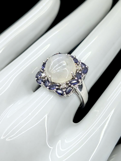 Vintage Large Genuine White Rainbow Moonstone and Tanzanite with Diamond Rhodium over Sterling Silver Ring