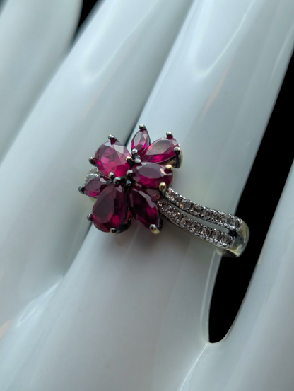 Vintage Flower Cluster Genuine Pink Ruby Sapphire and Topaz Accent 14k Gold Vermeil Ring