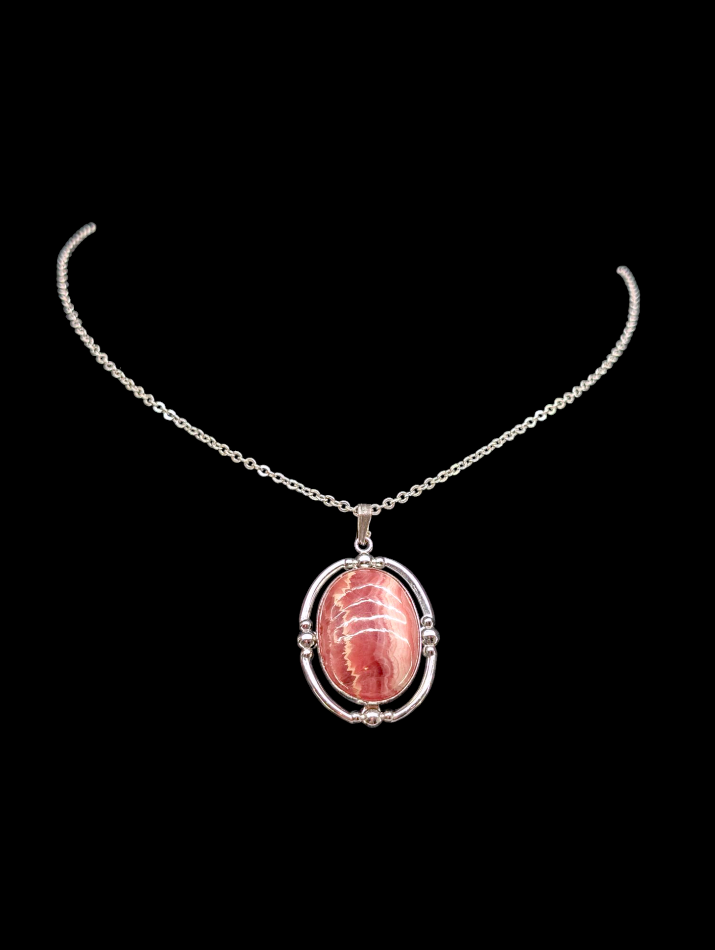 Vintage Genuine Rhodochrosite Sterling Silver Pendant and Necklace Chain