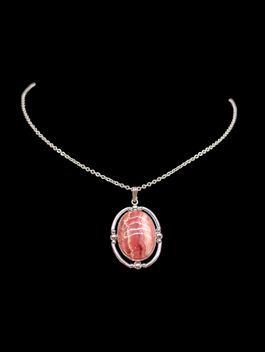 Vintage Genuine Rhodochrosite Sterling Silver Pendant and Necklace Chain