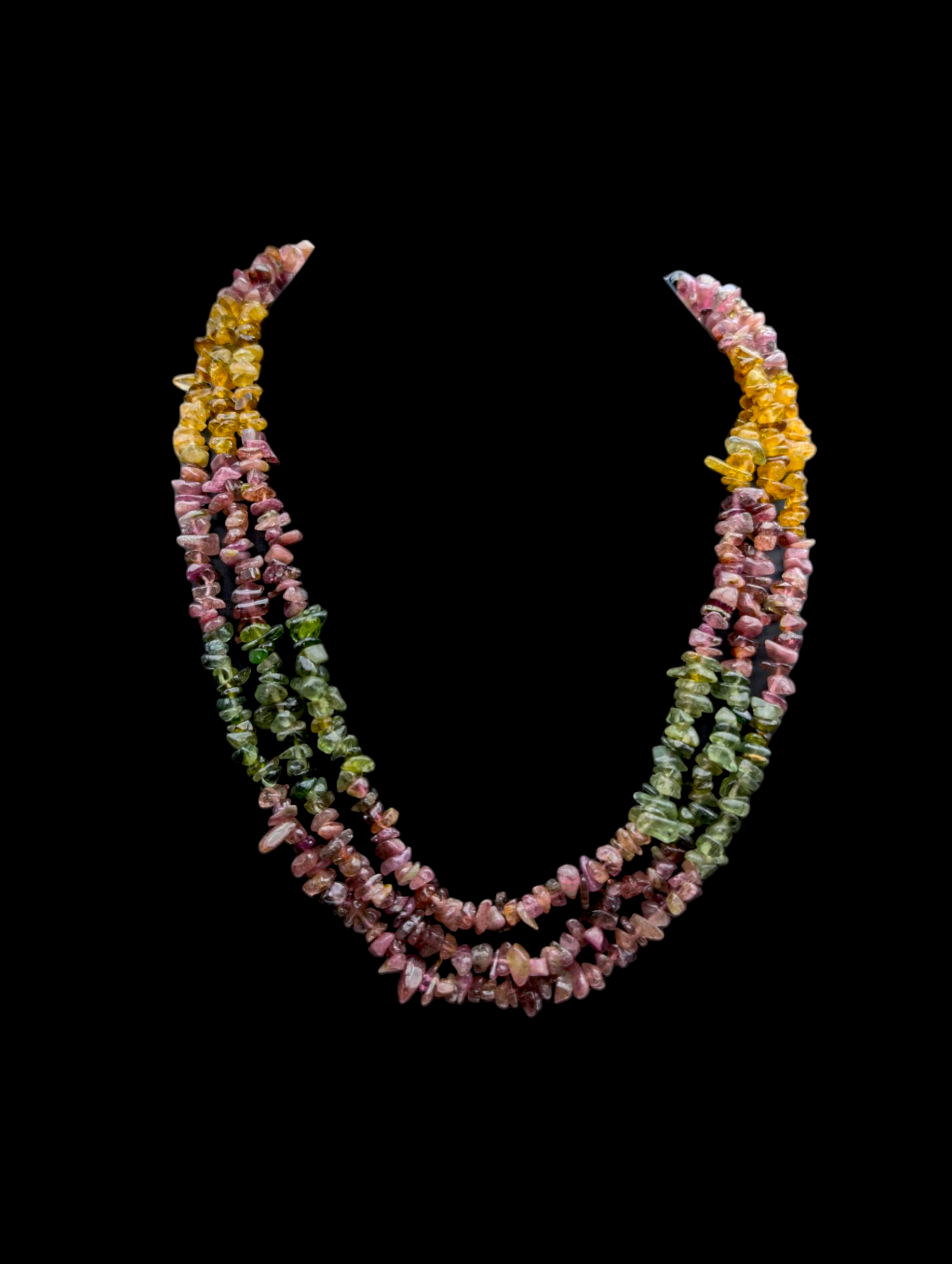 Vintage Three Strand Rainbow Earth Mined Genuine Tourmaline Multi-Strand Sterling Silver Necklace