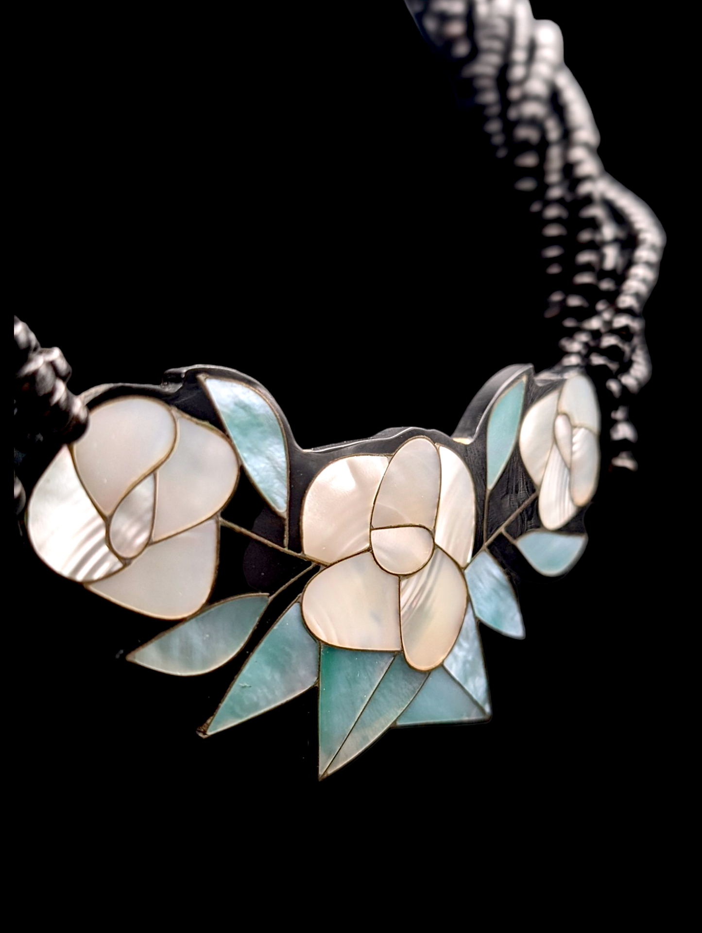 Vintage Mother of Pearl Inlay Flower with 8 Strands of Wooden Beads