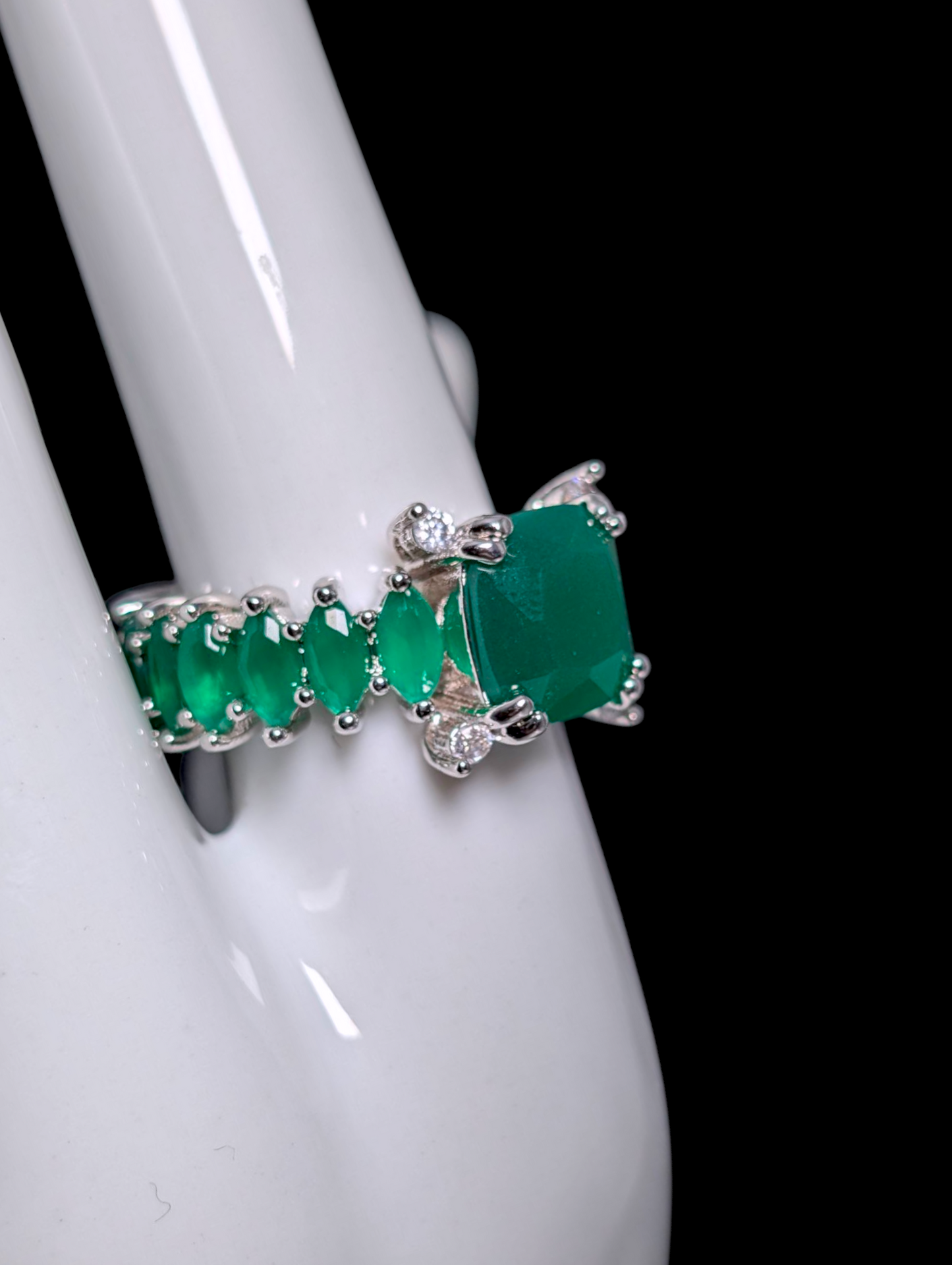 Vintage Inspired Cushion Cut Simulated Emerald Infinity Silver Toned Ring