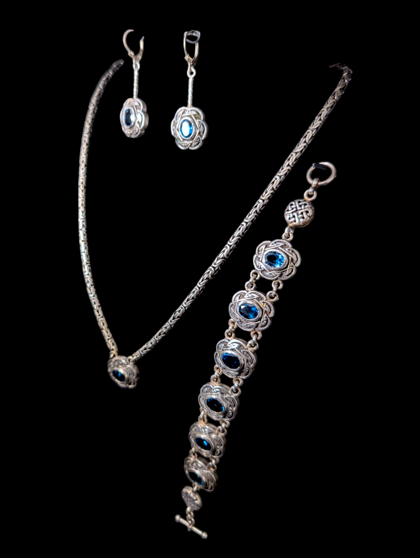 Vintage Rare 3 Piece Designer Shube Dakota West Genuine London Blue Topaz Oxidized 105g Sterling Silver Necklace, Bracelet, and Earrings Set