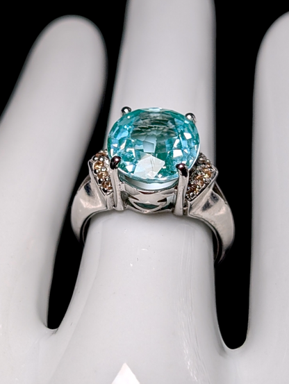 Vintage Large Oval Cut Genuine Sky Blue Topaz Solitaire with Simulated Diamonds Sterling Silver Statement Ring