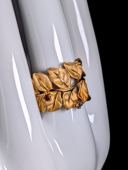 Vintage Golden Leaves with Genuine Multi-Gemstones 10kt Gold Vermeil Matte Finish Wide Band Ring