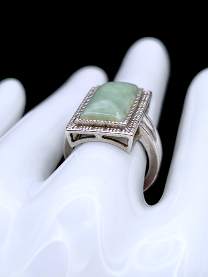 Vintage Earth Mined Rectangular Cut Genuine Jadeite and Diamond Accented Halo Sterling Silver Ring