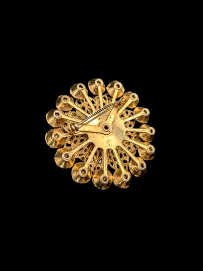 1940s - 1950s Aurora Borealis Jonquils Rhinestone Starburst Brooch Pin with Gold Star Filigree Details