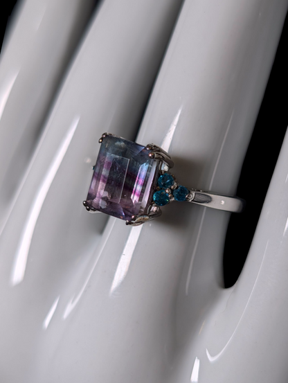 Vintage Emerald Cut Genuine Bi Color Fluorite with Malgache Neon Apatite Accent Stones Sterling Silver Ring