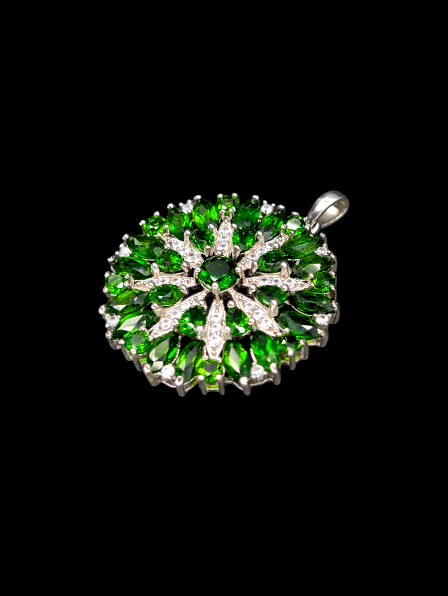 Vintage 6 Carat Genuine Russian Chrome Diopside and Zircon Starburst Rhodium over Sterling Silver Pendant