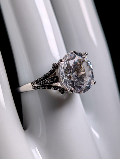 Vintage Large 6+ Carat Brilliant Round Cut Genuine White Sapphire Solitaire and Topaz Accent Sterling Silver Ring