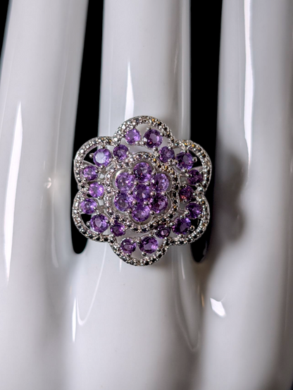 Vintage Flower Cluster Genuine African Amethyst with White Topaz Accent Stones Sterling Silver Ring