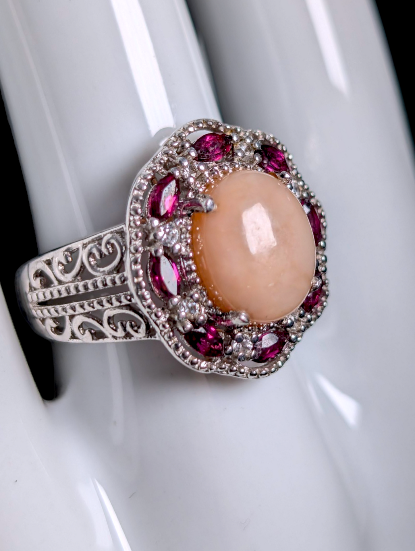 Vintage Edwardian Inspired Genuine Pink Opal Solitaire with Rhodolite Garnet and White TopazHalo Sterling Silver Filigree Ring