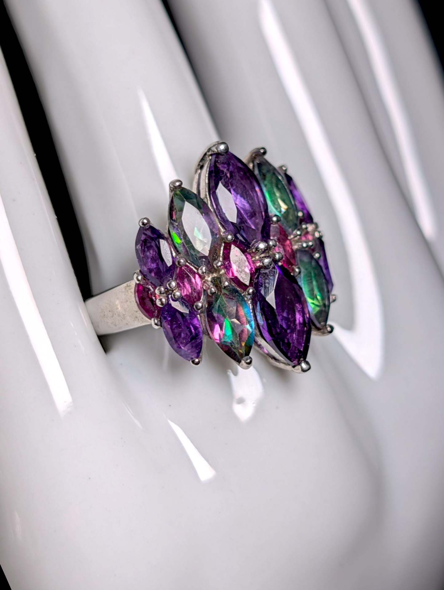 Vintage Art Deco Inspired Genuine Northern Lights Mystic Topaz, Grape Amethyst and Rhodolite Garnet Sterling Silver Cluster Cocktail Statement Ring