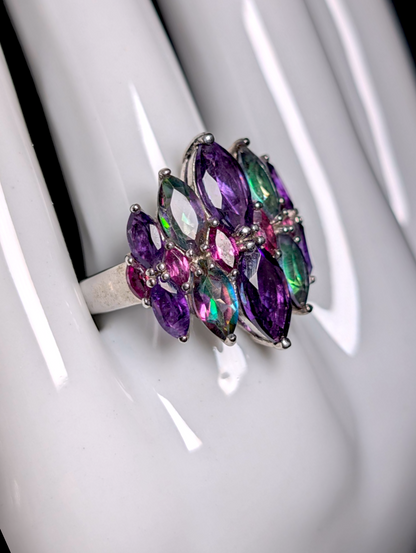 Vintage Art Deco Inspired Genuine Northern Lights Mystic Topaz, Grape Amethyst and Rhodolite Garnet Sterling Silver Cluster Cocktail Statement Ring
