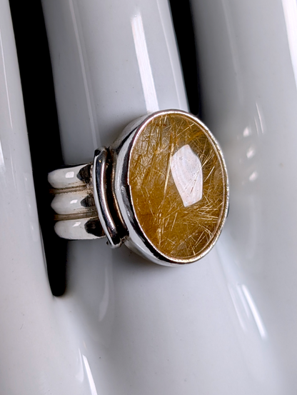 Vintage Bezel Set Oval Cabochon Genuine Golden Rutilated Quartz Solitaire Sterling Silver Men's Pinky Ring