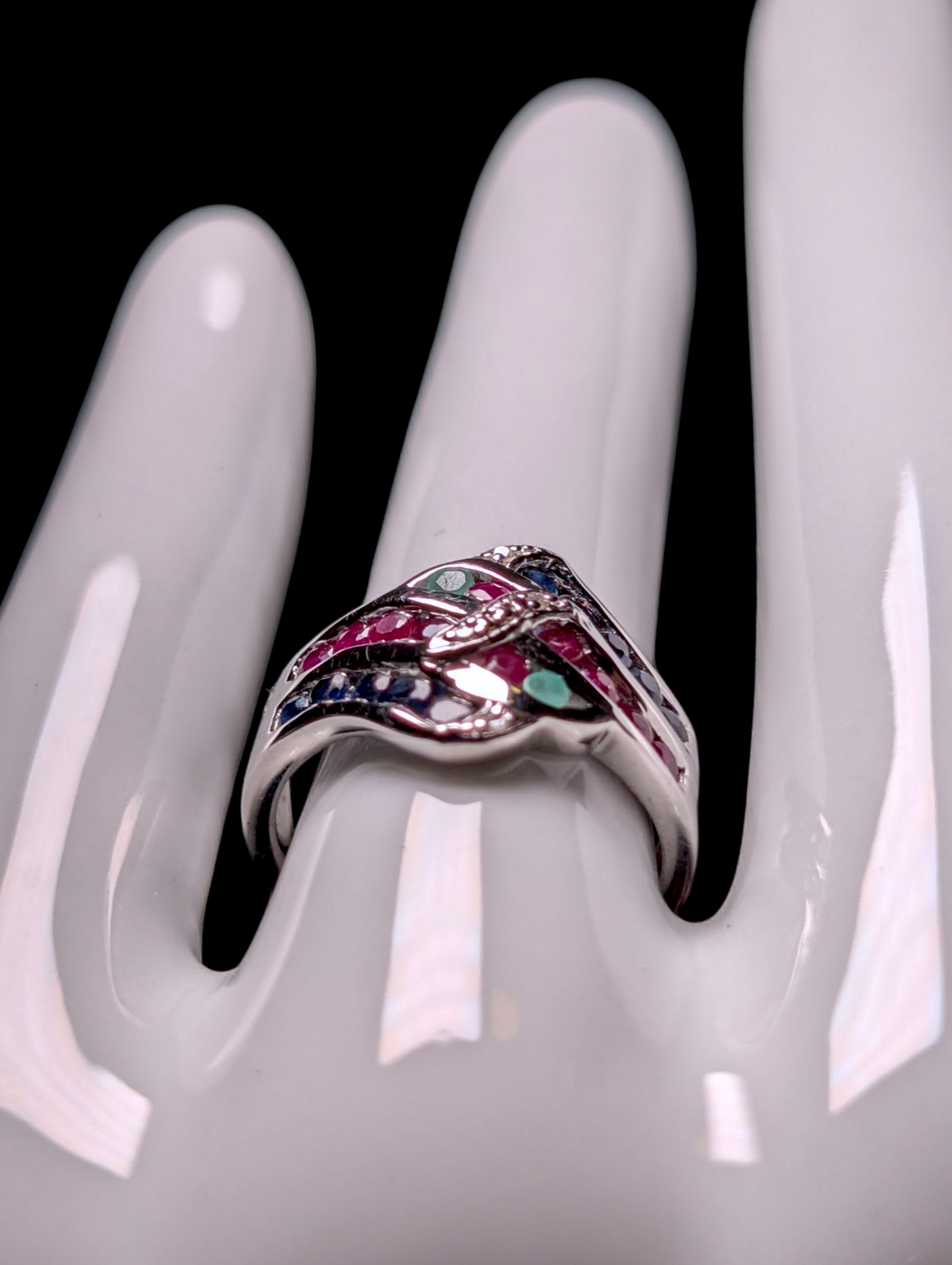 Vintage Earth Mined Genuine Emerald, Ruby and Sapphire with Diamond Accents Sterling Silver Band Ring