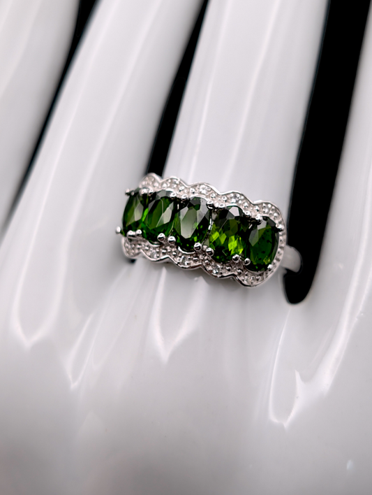 Vintage Genuine Earth Mined Green Chrome Diopside and White Topaz Sterling Silver Ring