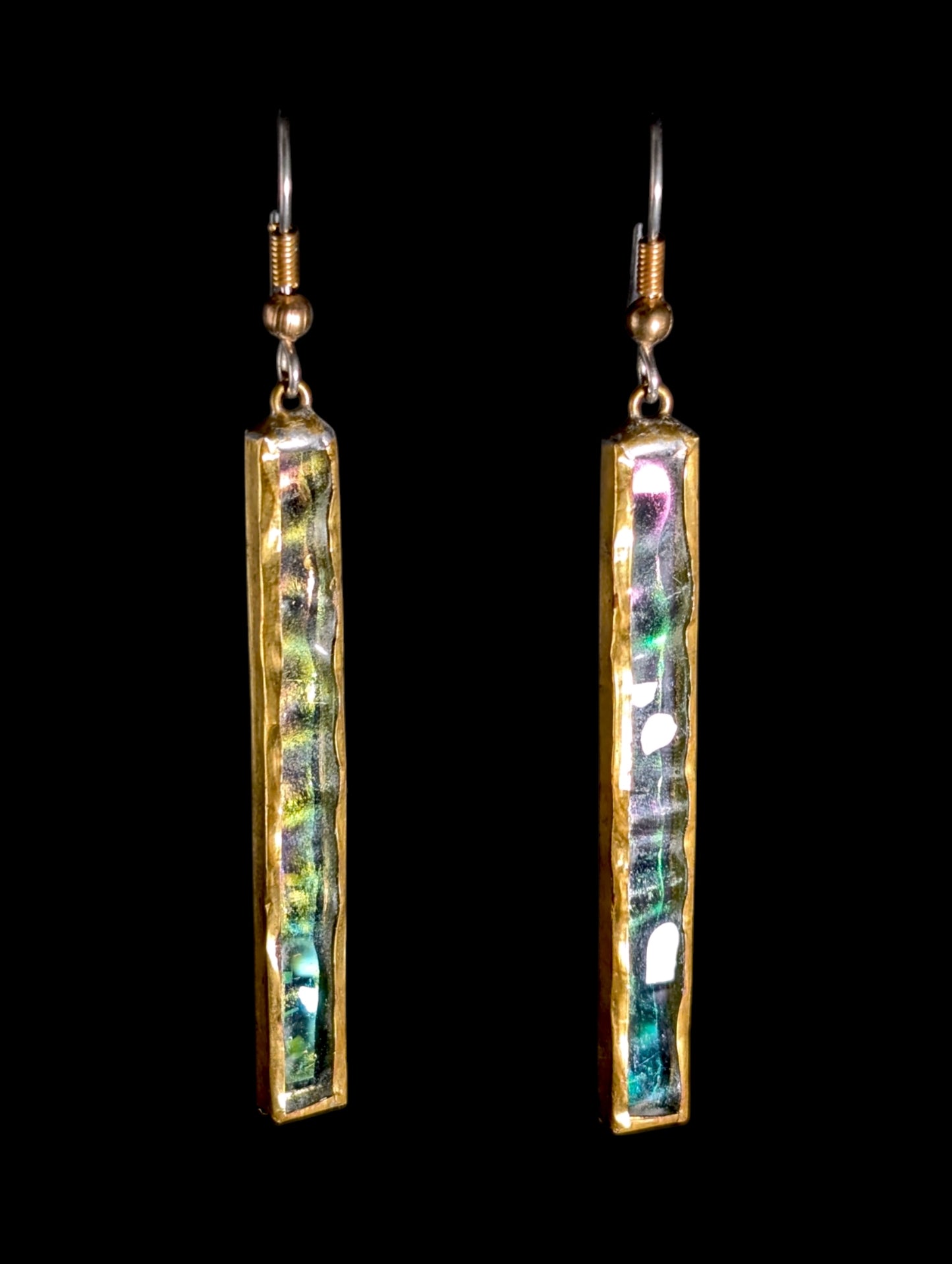 Vintage Aurora Borealis Crystal Bar Rectangular Gold Earrings