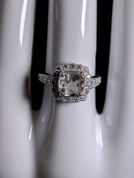 Vintage Cushion Cut Genuine Prasiolite and Simulated Diamond Halo Sterling Silver Ring