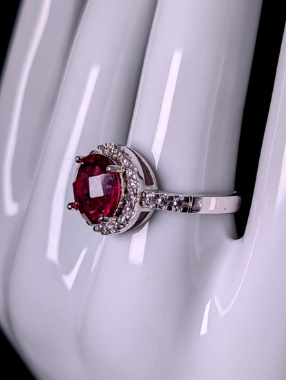 Vintage Inspired Rose Cut Simulated Ruby Solitaire and Diamond Halo Sterling Silver Ring