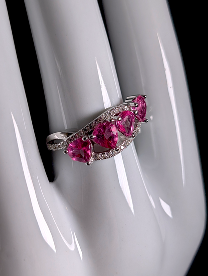 Vintage Inspired Four Tear Drop Cut Verified Pink Topaz and Simulated Diamond Accents Sterling Silver Row Band Ring