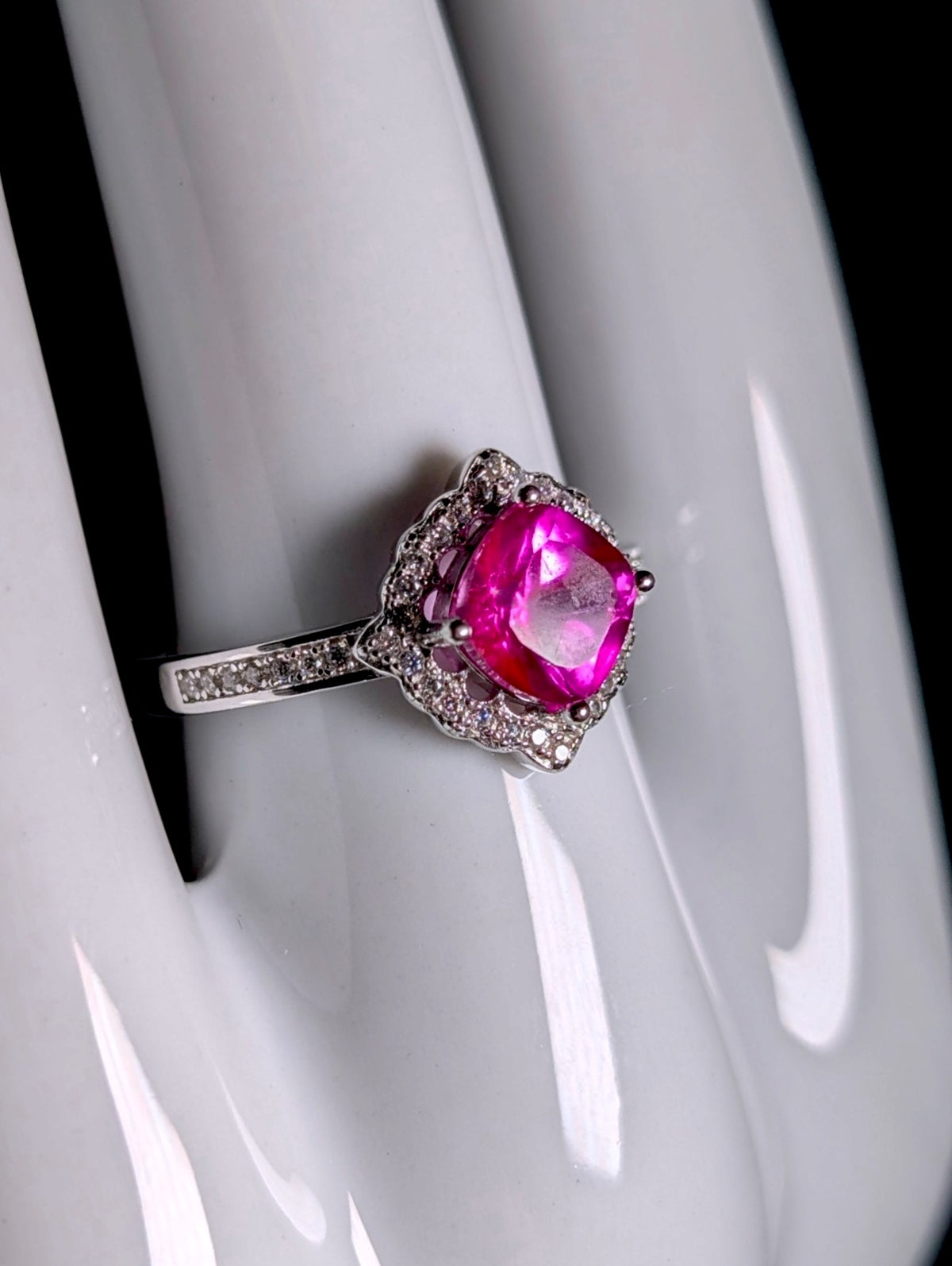 Vintage Genuine Hot Pink Topaz Solitaire and Simulated Diamond Halo Sterling Silver Ring